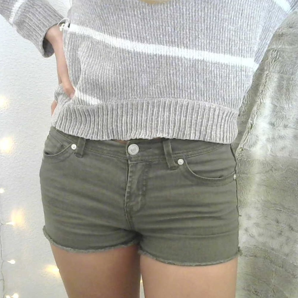Olive Embroidered Frayed Jean Shorts